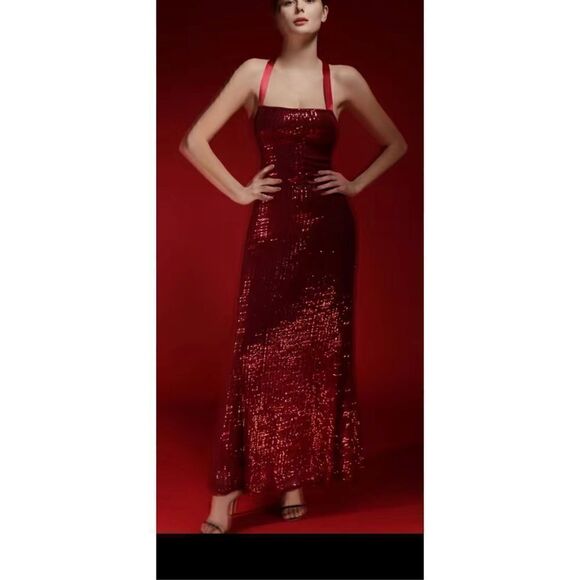 Beautiful burgundy sequin, backless lace-up gown, built in slip , hidden back zi - Picture 9 of 12